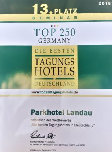 Beim Wettbewerb 2018 erreicht das Parkhotel Landau in der Kategorie Seminar den 13. Platz
